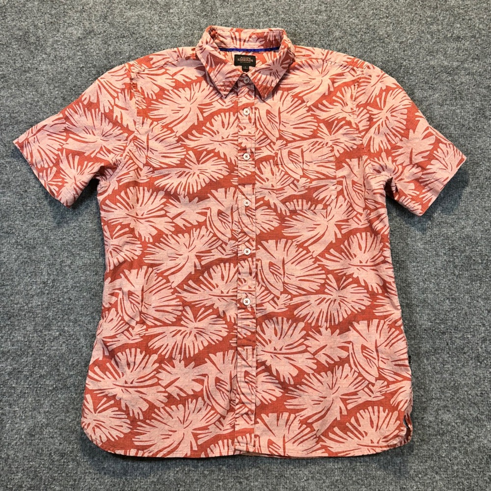 Allen Edmonds Button Down Mens Large Coral Tropical Leaf Slub Summer Resort‎